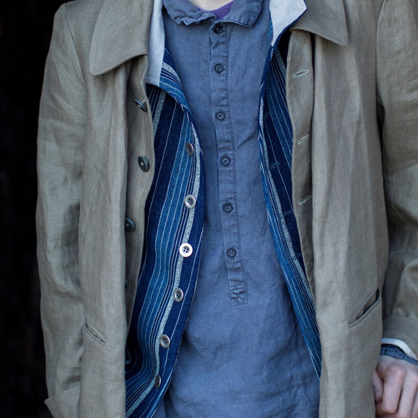 Unlined Irish linen jacket layered with a waistcoat in vintage indigo-dyed fabric and an old linen shirt.