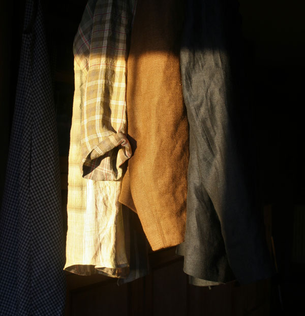 Early morning light on Irish linen garments awaiting their buttons